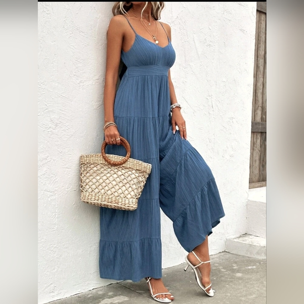 SHEIN VCAY Ruffle Hem Wide Leg Cami Jumpsuit, Dusty Blue - XL